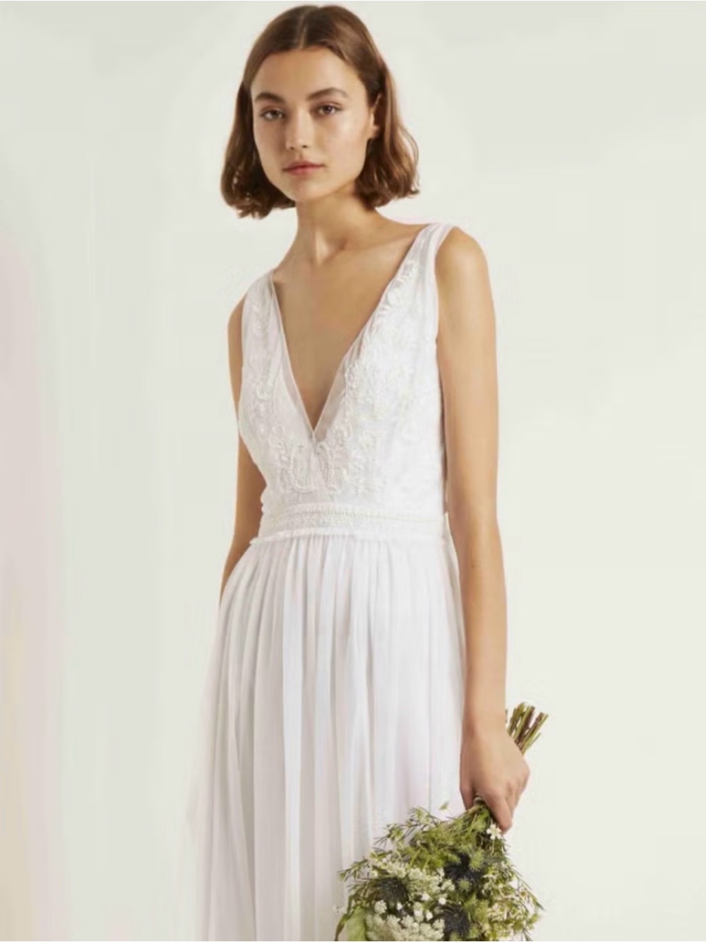 French Connection White V-Neck Embroidered Bodice Maxi Dress